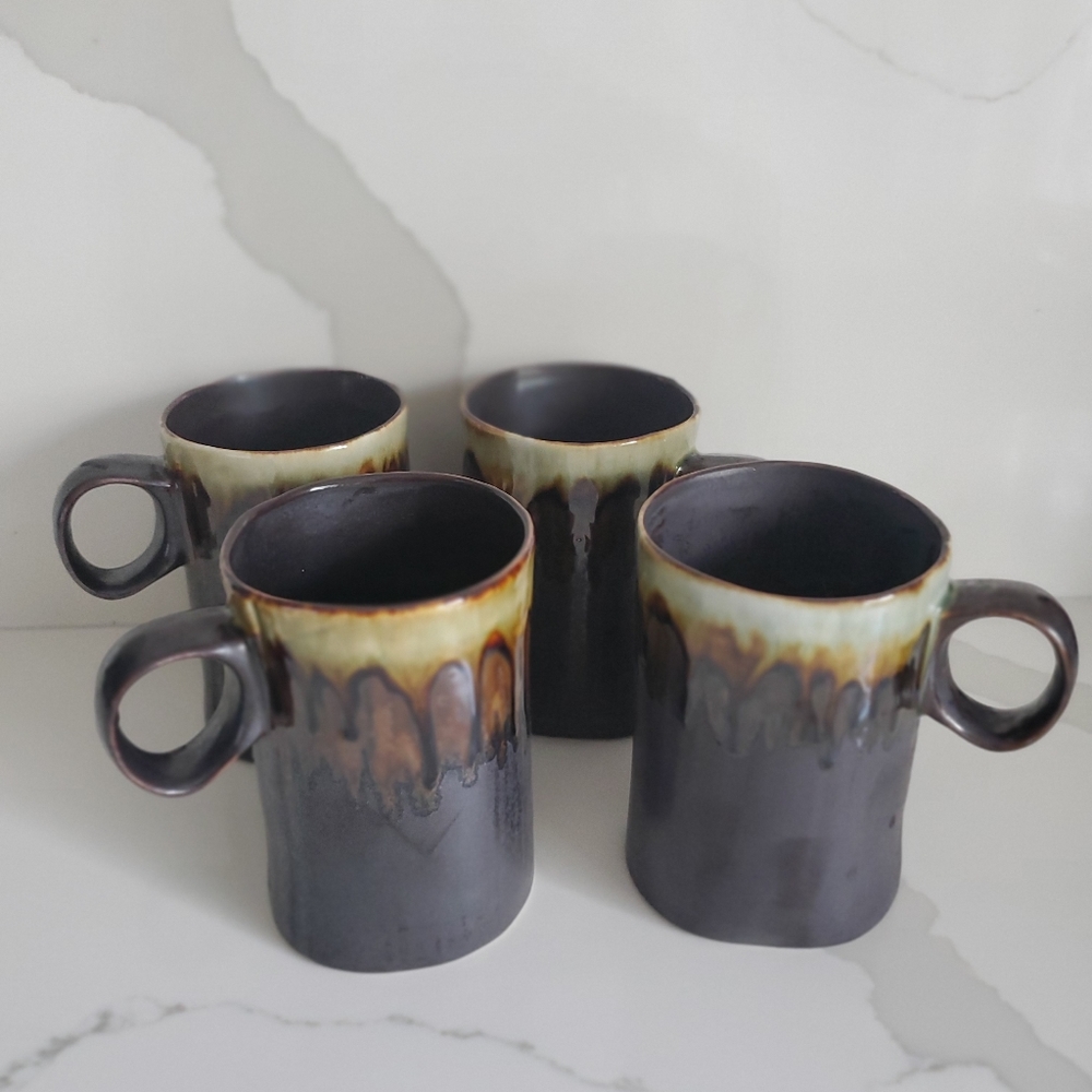 PIER 1 IMPORTS Hand Painted Stoneware Mugs Drip Glaze Ceramic Pottery Set of 4
